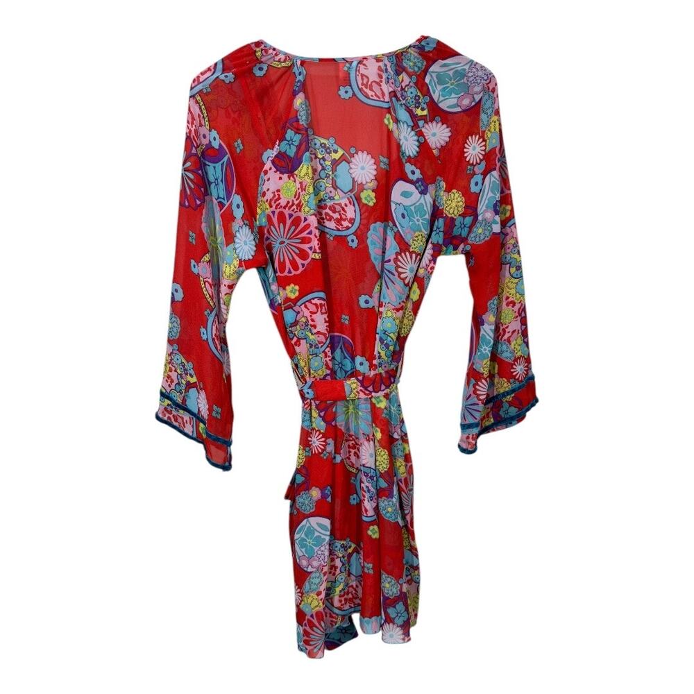 Josie Natori Nightgown Chemise Robe Two Piece Set Small Red Asian Floral Velvet - Picture 2 of 8